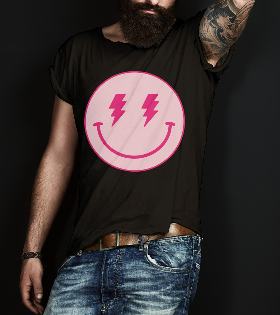 Lightning Bolt Smiley Face Pink Circle T-Shirt