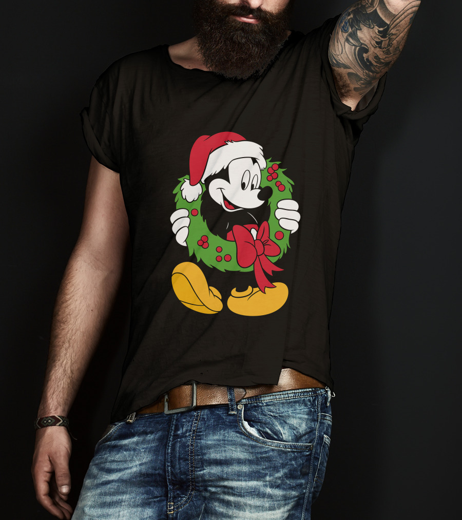Disney Mickey Mouse Christmas Santa Hat Wreath Bow T-Shirt