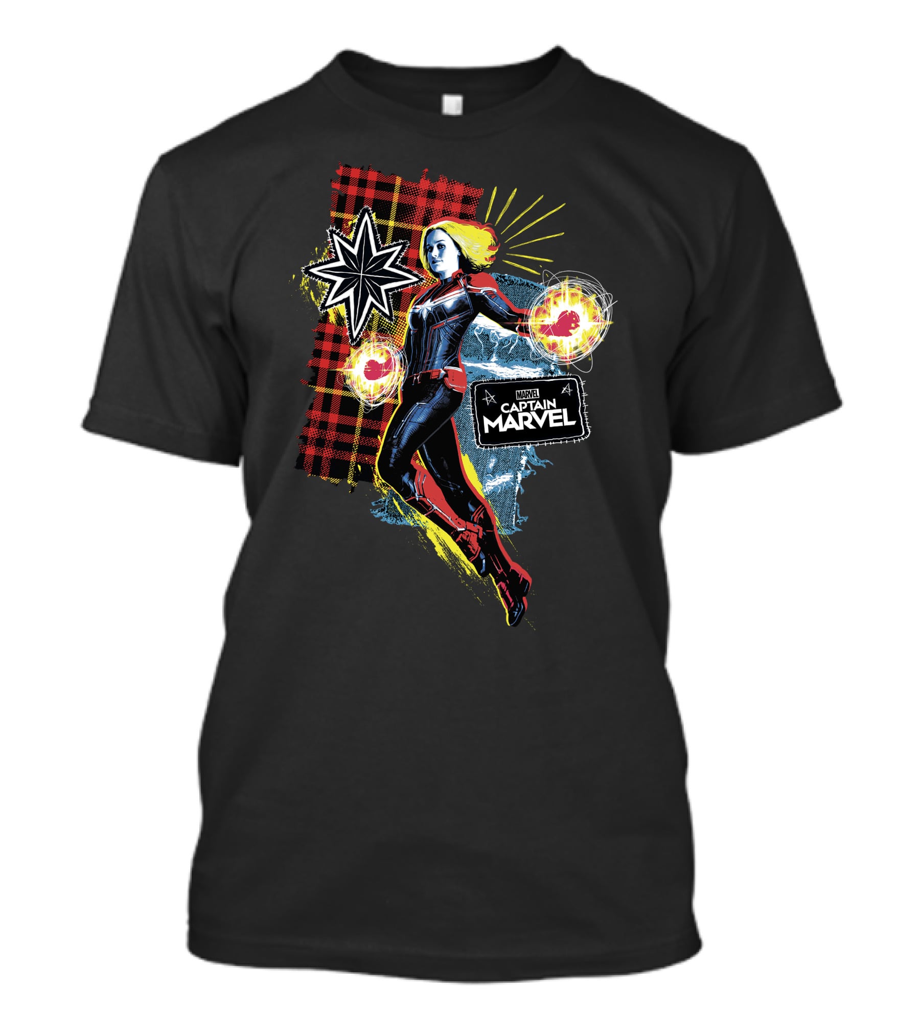 Captain Marvel Starburst Plaid Jean Patch Marvel Comics Hero T-Shirt