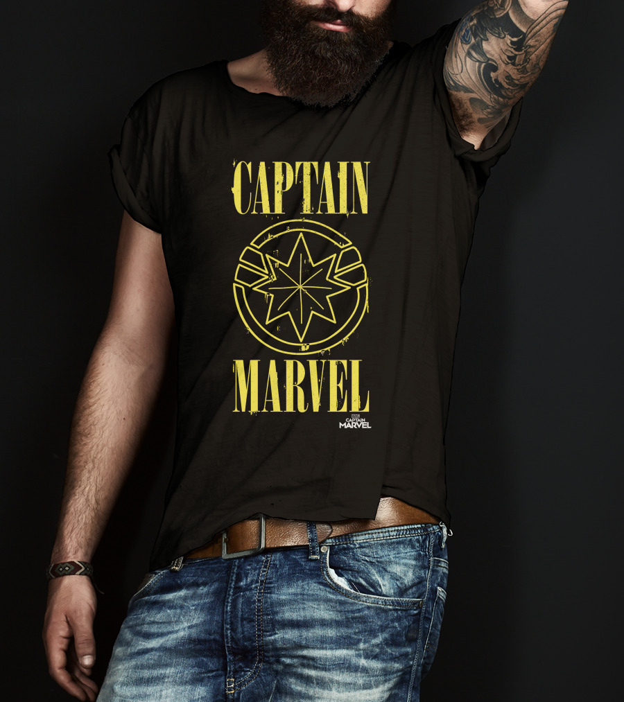 CAPTAIN MARVEL Yellow Star Emblem With Paint Drip Effect T-Shirt