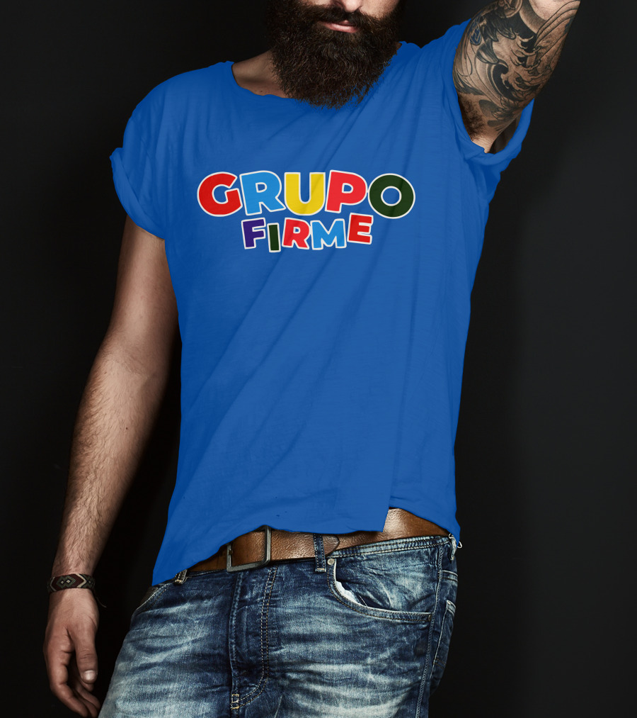 GRUPO FIRME Merch Bold Colorful Text On Blue T-Shirt