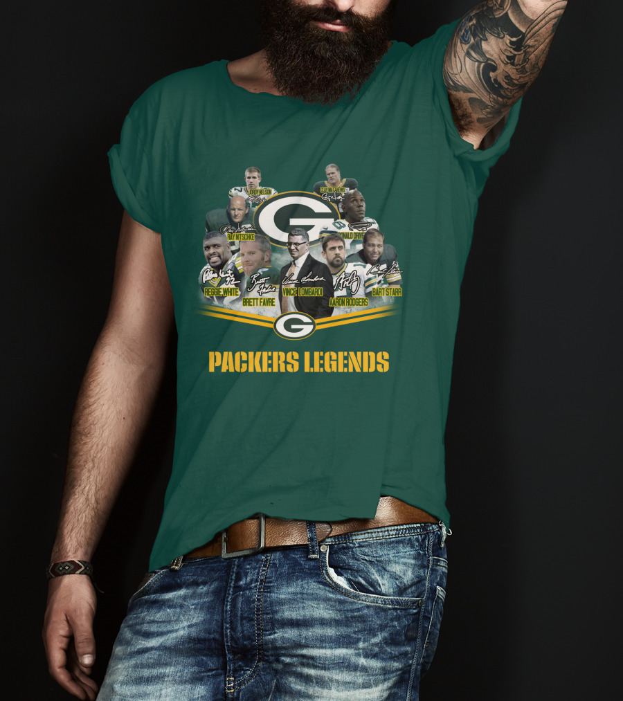 Packers Legends Vince Lombardi Reggie White Brett Favre Aaron Rodgers Ray Nitschke Bart Starr Curly Lambeau Paul Hornung T-Shirt