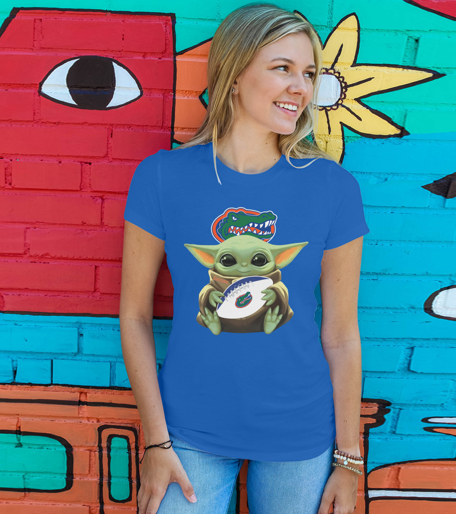 Baby Yoda Holding Football With Gators Logo T-Shirt