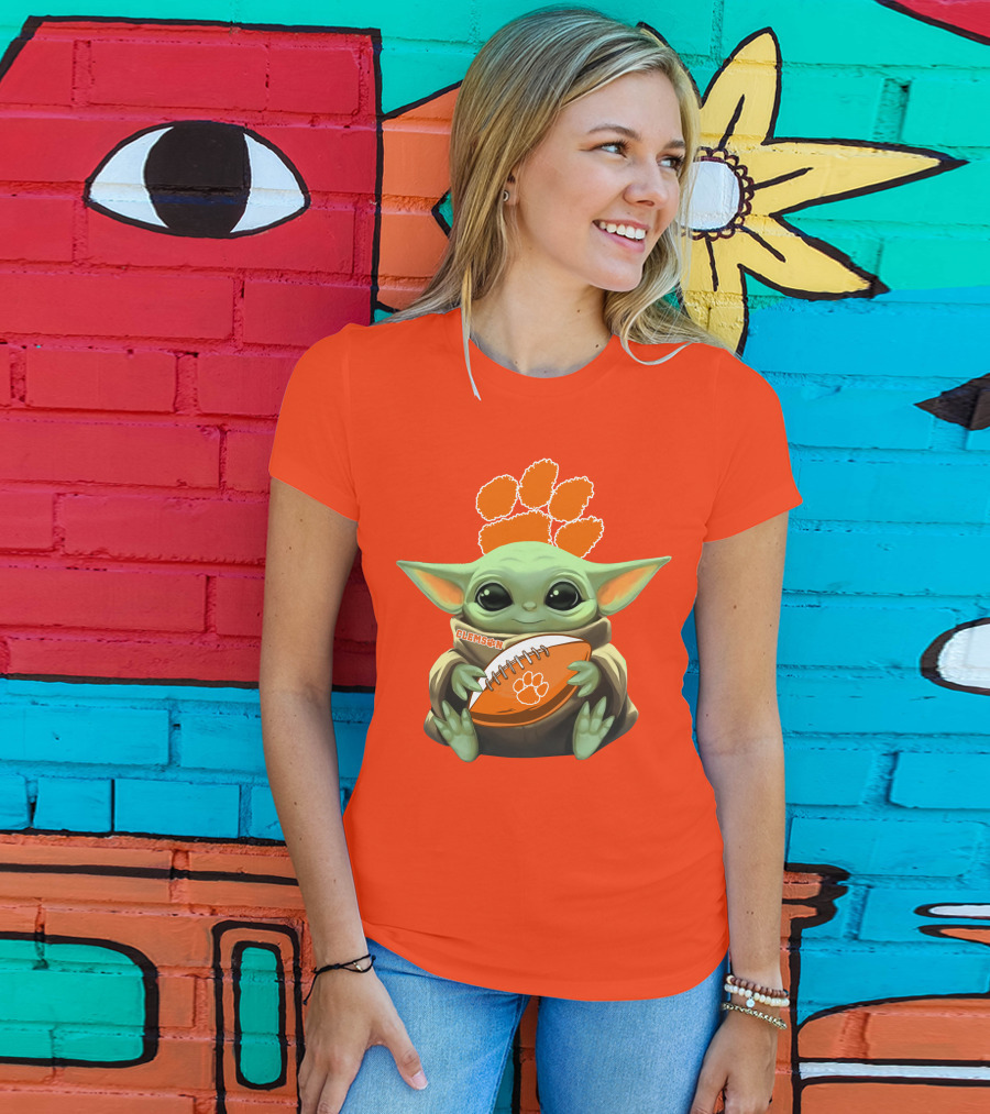 Clemson Orange Paw Baby Yoda Football T-Shirt