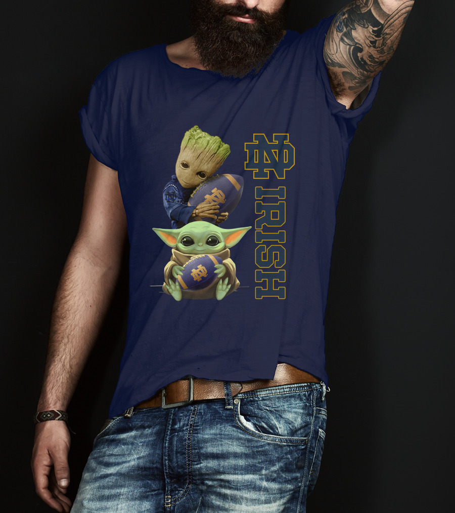 Notre Dame Irish Baby Groot And Baby Yoda Football T-Shirt