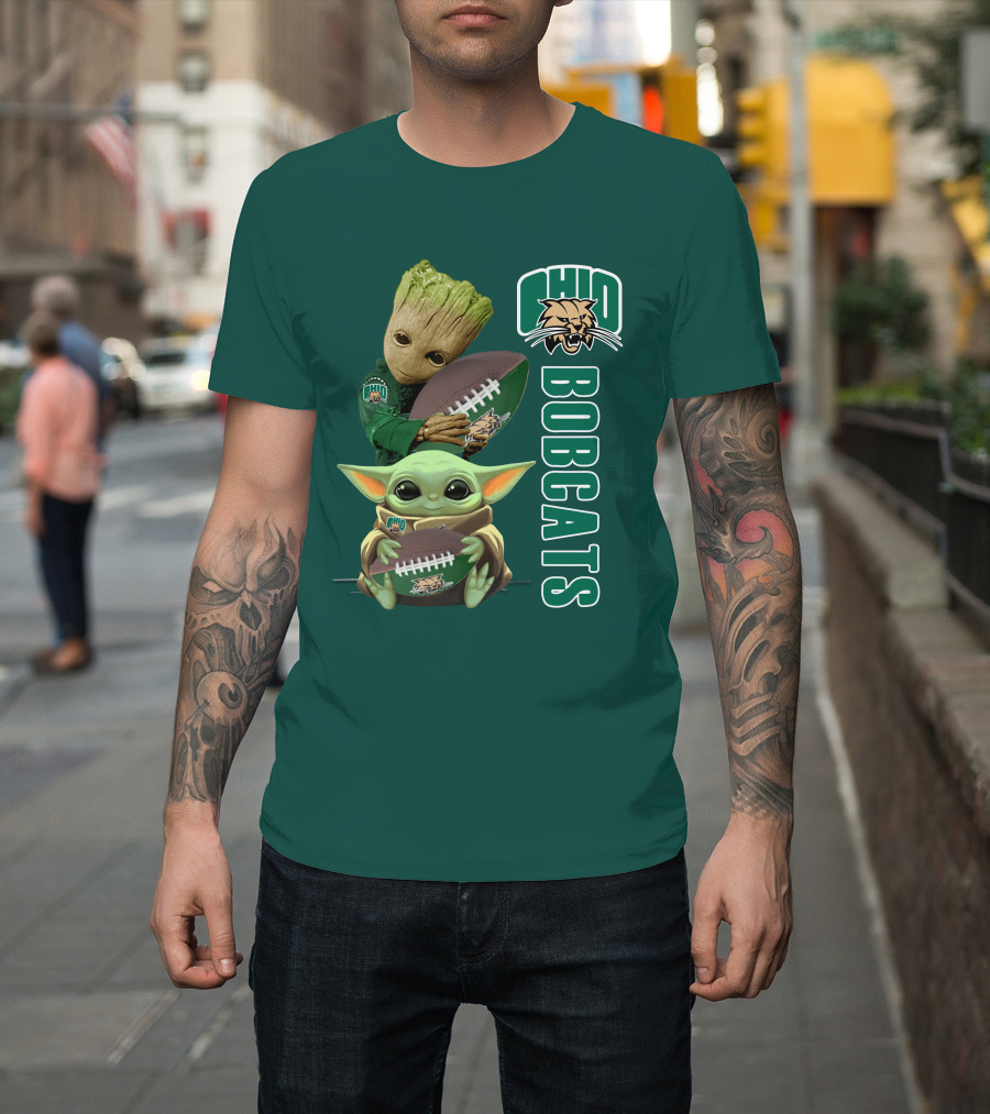 Ohio Bobcats Grogu And Groot Football T-Shirt