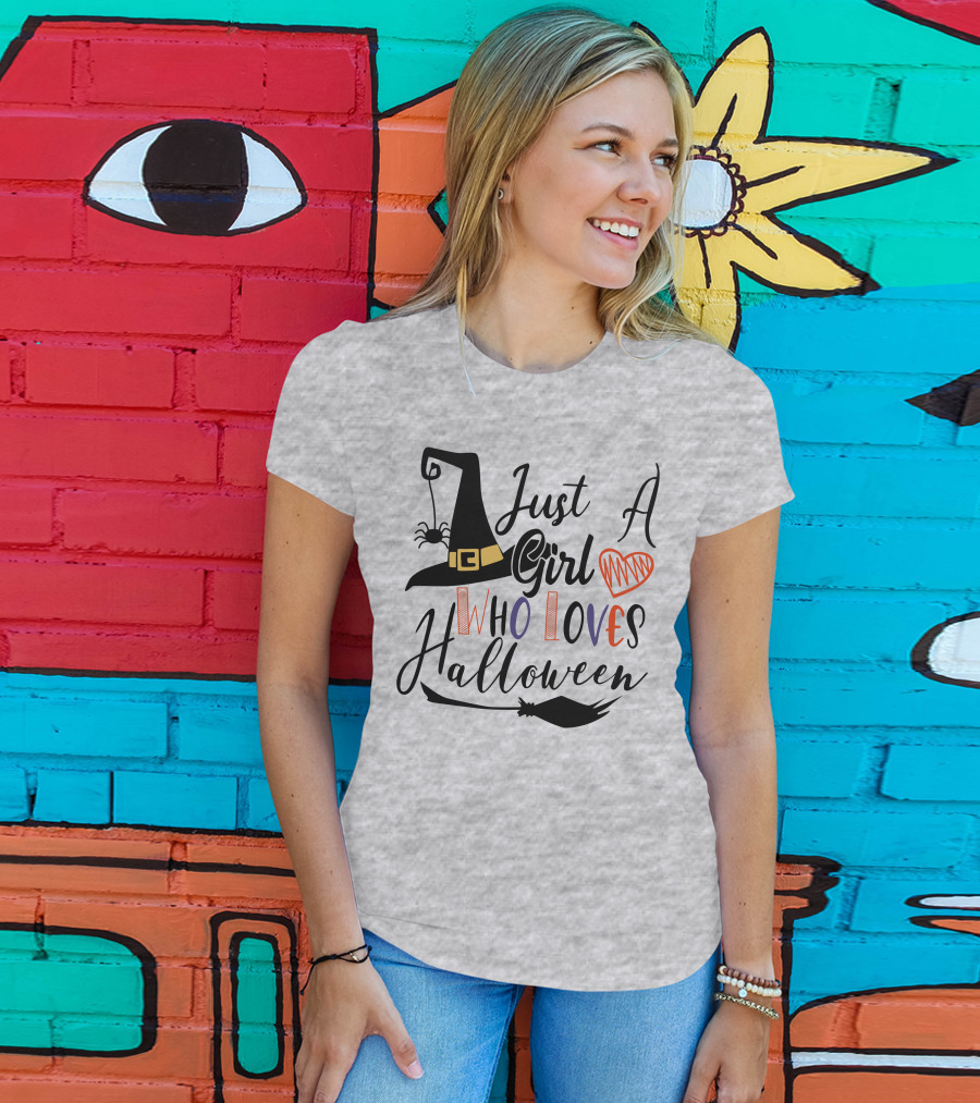 Just A Girl Who Loves Halloween Witch Hat And Broom With Spider And Heart T-Shirt
