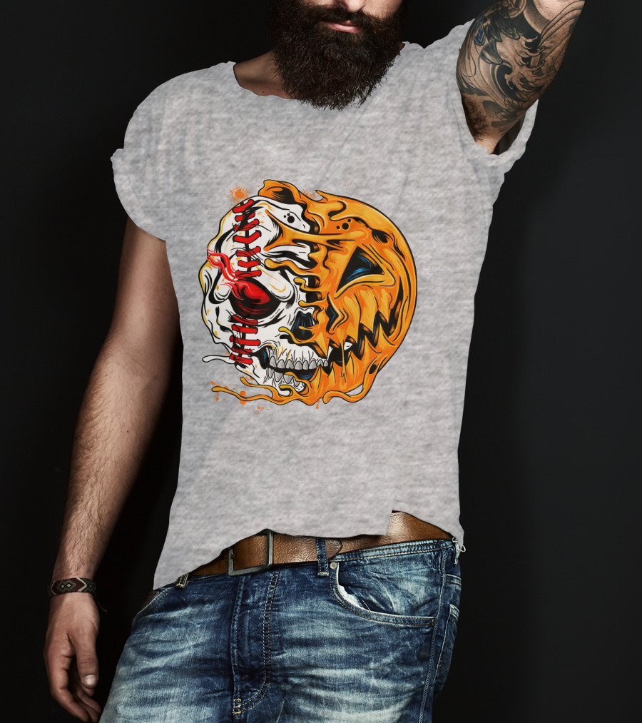 Baseball Pumpkin Skull Halloween Fusion T-Shirt
