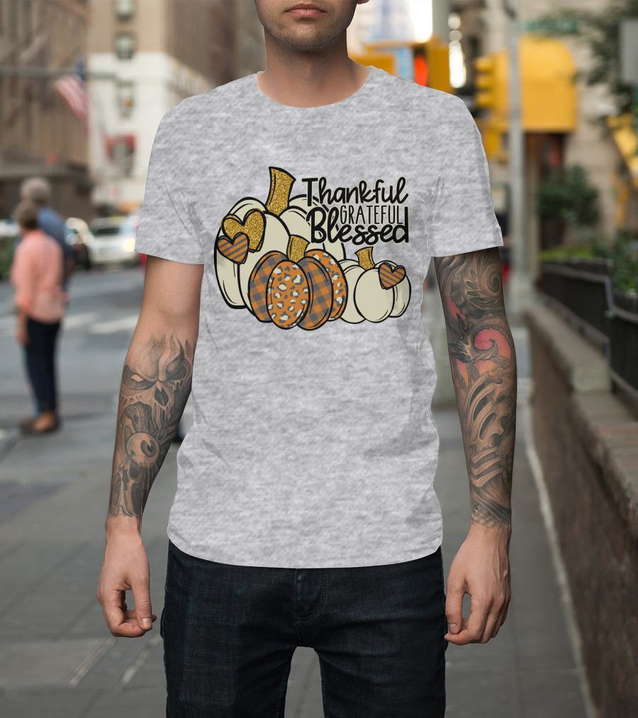 Thankful Grateful Blessed Leopard Pumpkin Thanksgiving T-Shirt