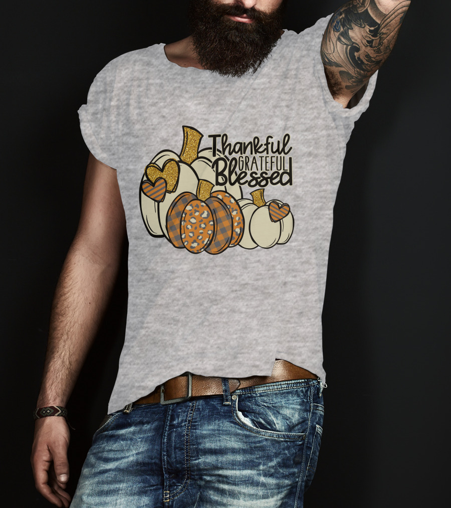 Thankful Grateful Blessed Leopard Pumpkin Thanksgiving T-Shirt