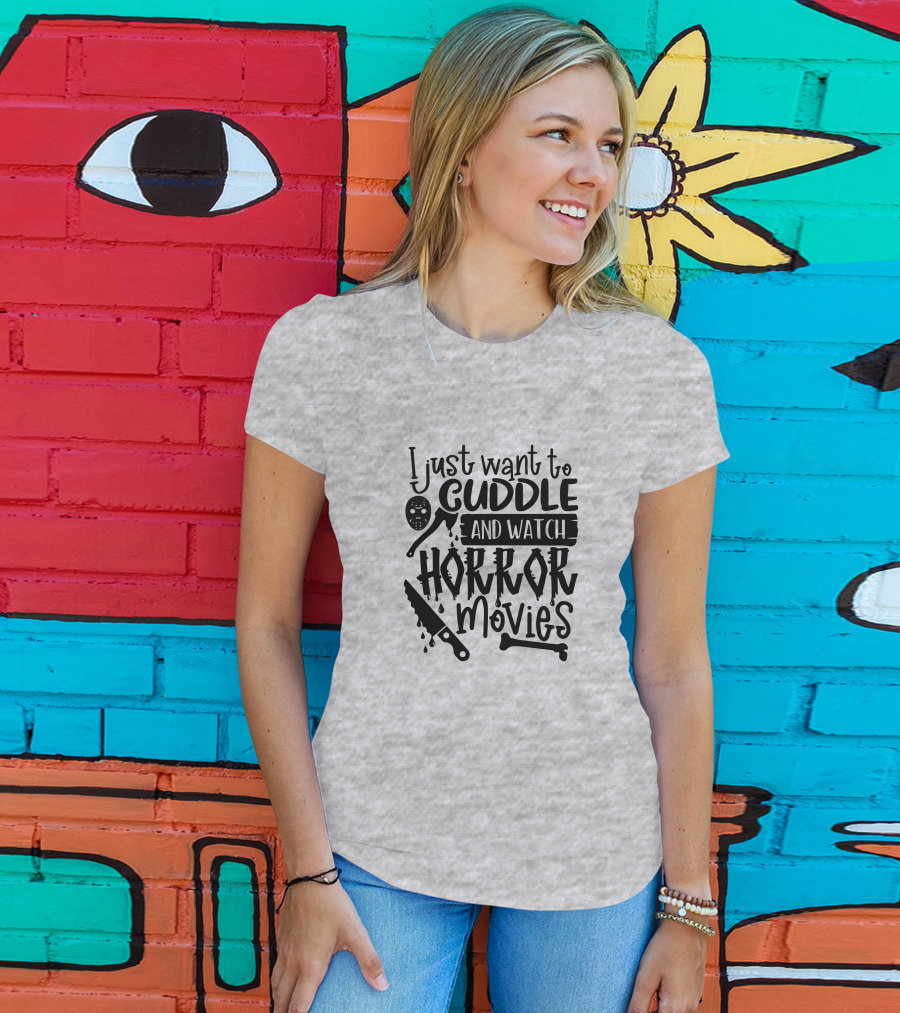 I Just Want To Cuddle And Watch Horror Movies With Dripping Knife And Skull Mask T-Shirt
