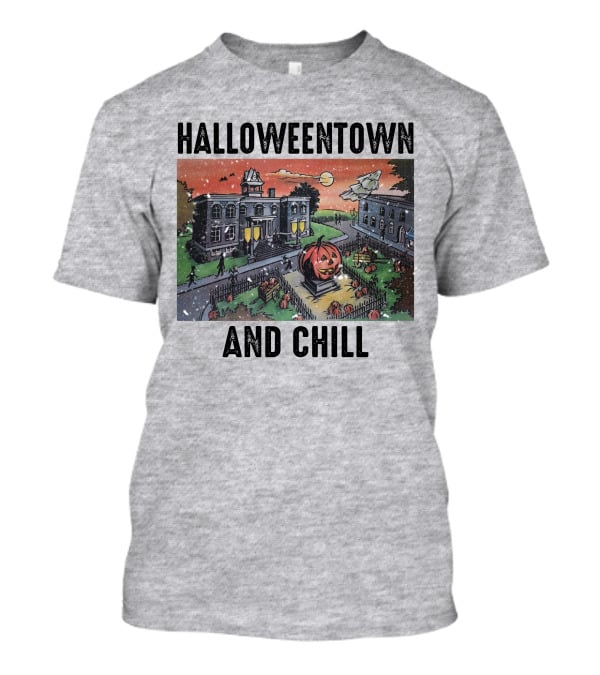 Halloweentown And Chill Spooky Town Scene With Lit Pumpkin Statue T-Shirt