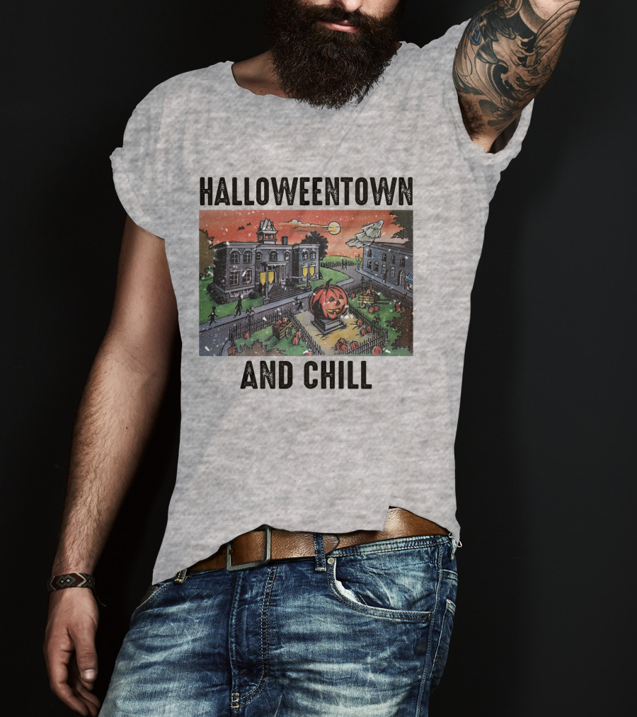 Halloweentown And Chill Spooky Town Scene With Lit Pumpkin Statue T-Shirt