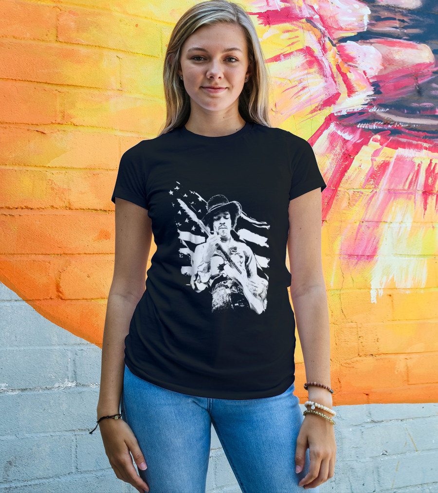 Jimi Hendrix Americana With Stars And Stripes Flag T-Shirt