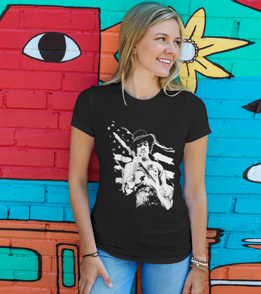 Jimi Hendrix Americana With Stars And Stripes Flag T-Shirt