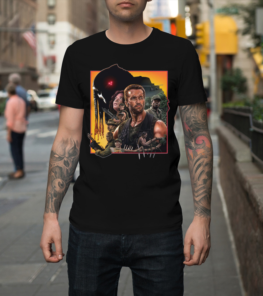 Predator Movie Characters And Jungle Battle Scene T-Shirt