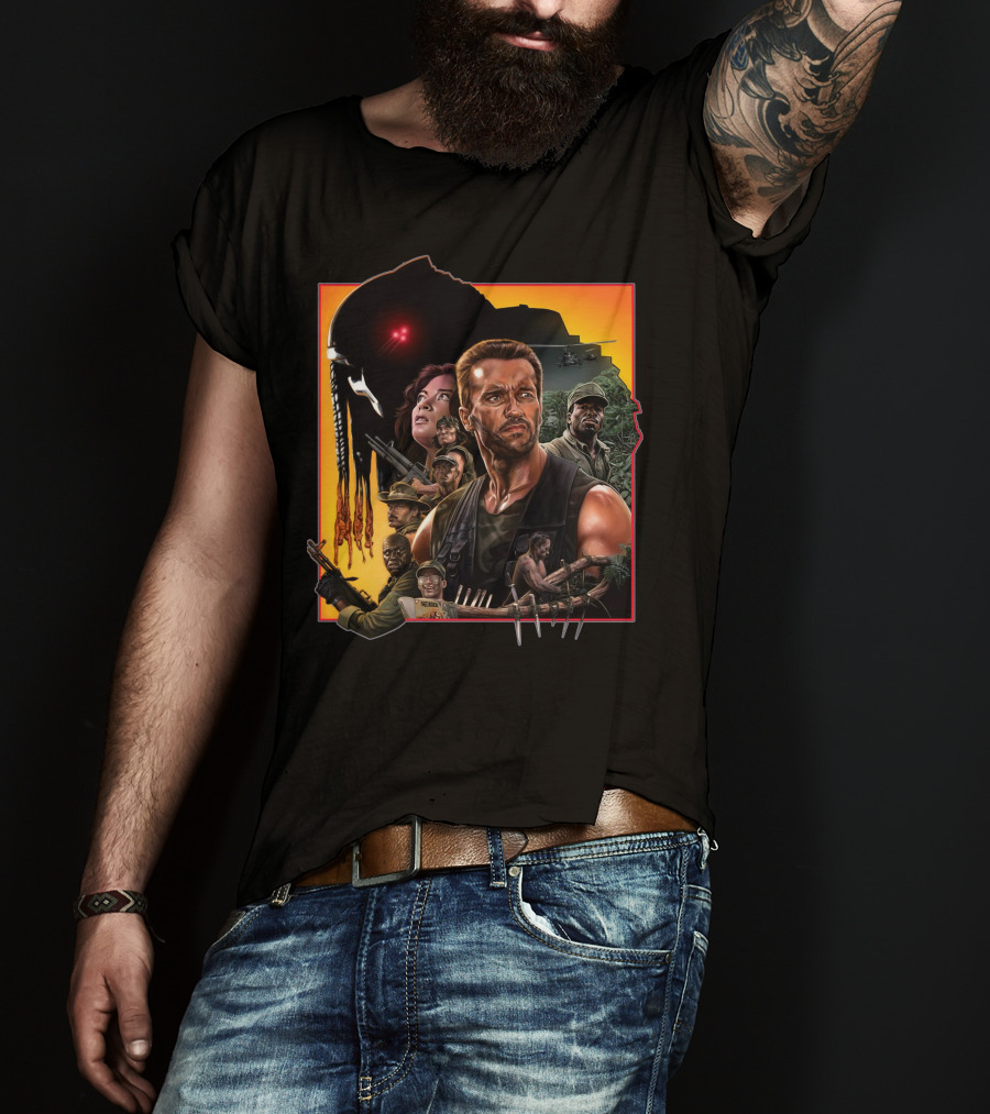 Predator Movie Characters And Jungle Battle Scene T-Shirt