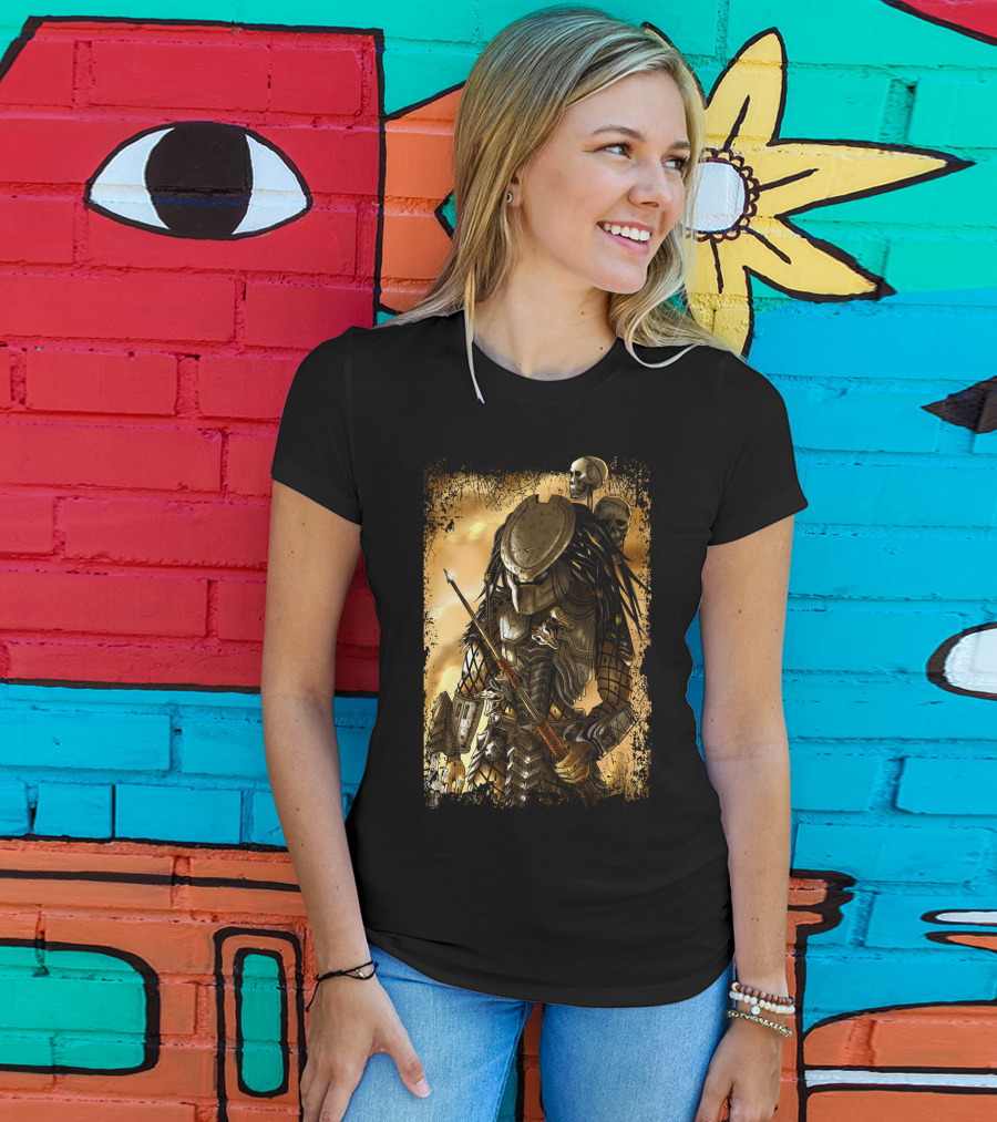 Predator Alien Warrior With Skulls And Dreadlocks T-Shirt