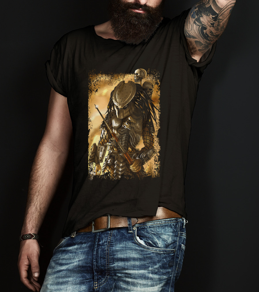 Predator Alien Warrior With Skulls And Dreadlocks T-Shirt