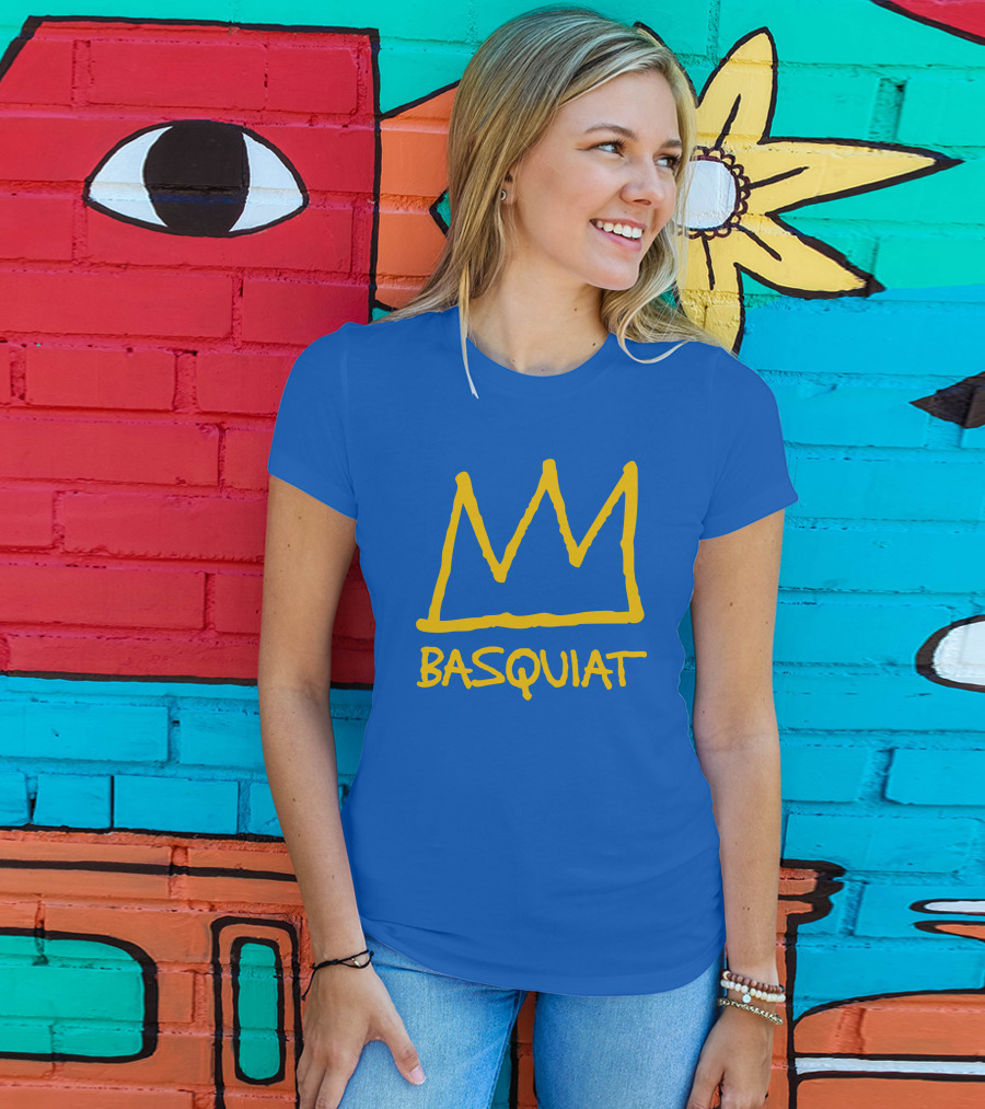 Basquiat Crown Icon Yellow On Blue T-Shirt