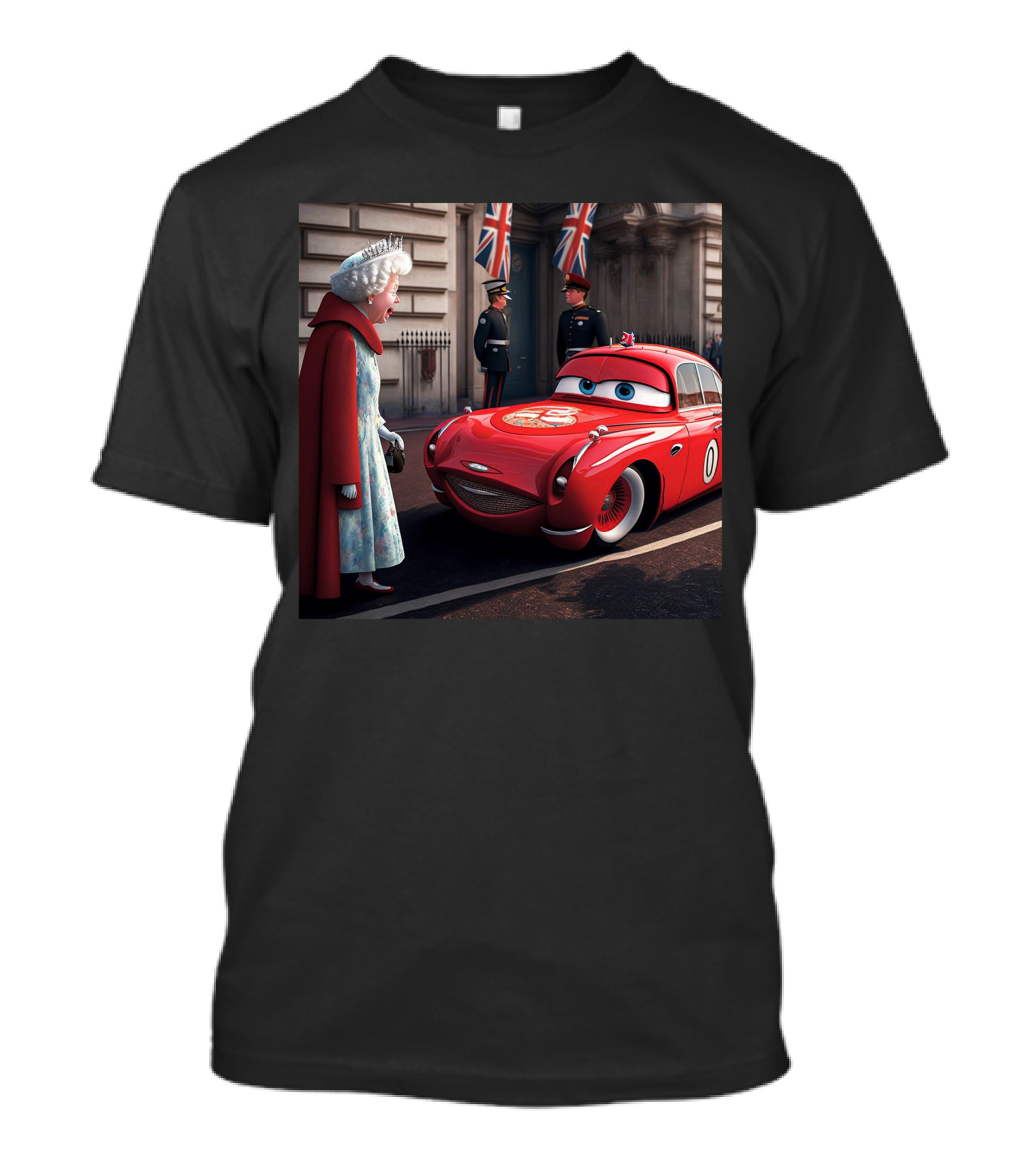 Lightning McQueen Meets Queen Of England With British Guards And Flags T-Shirt