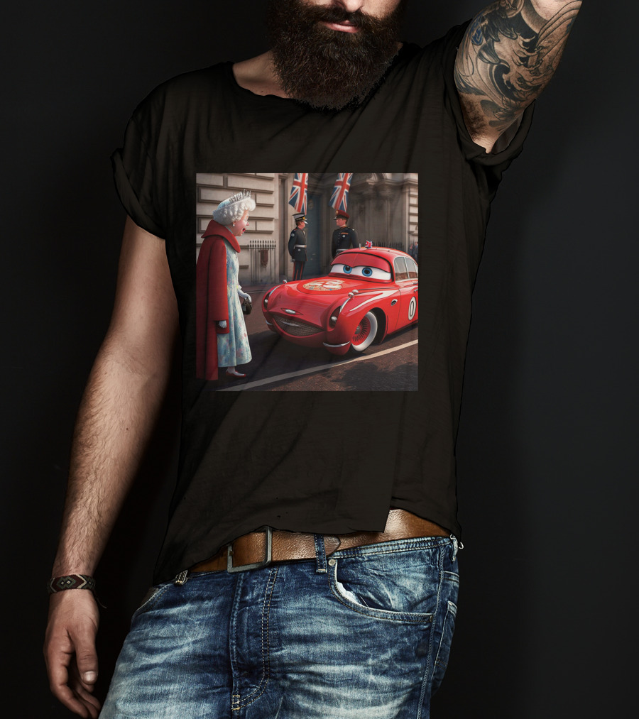 Lightning McQueen Meets Queen Of England With British Guards And Flags T-Shirt