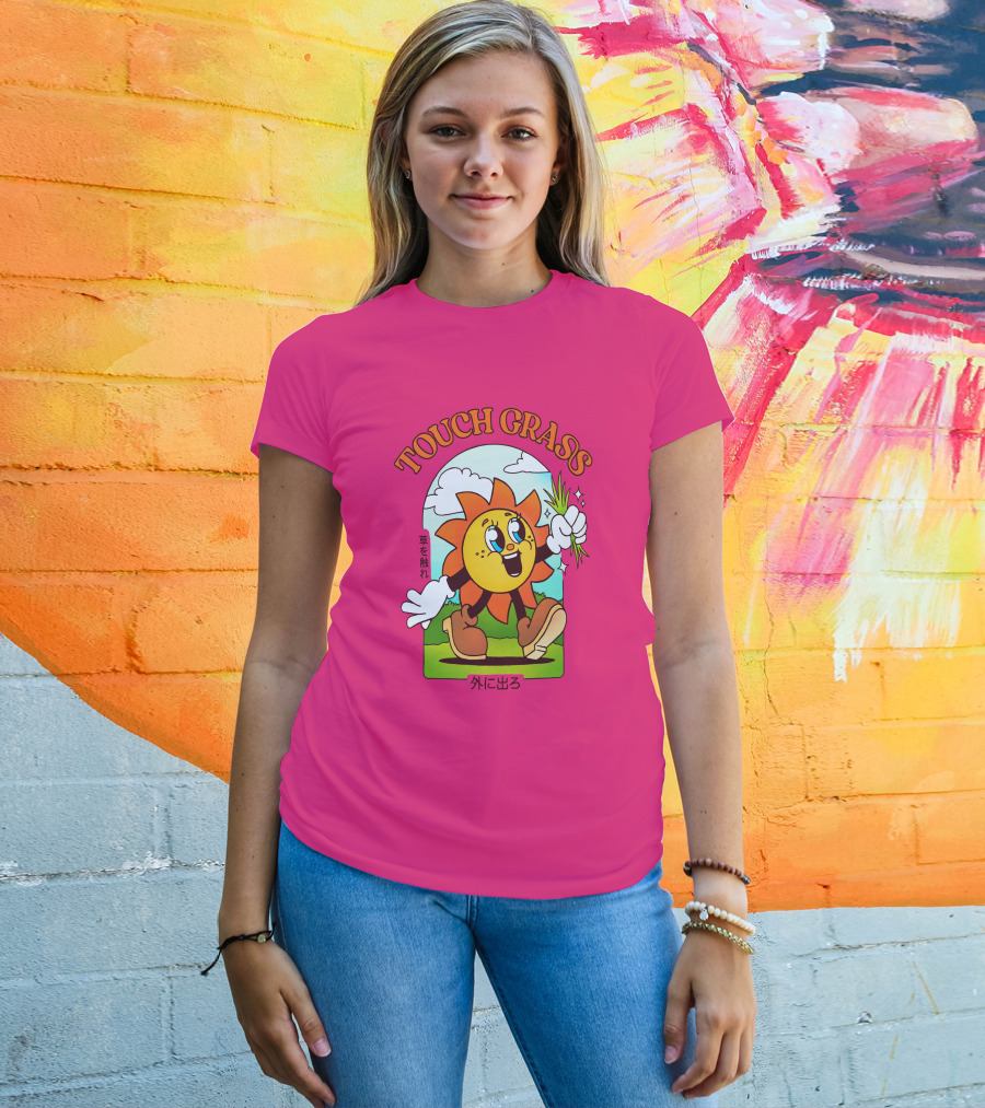 TOUCH GRASS Hellvetika Sunflower Character Boots Japan Text T-Shirt