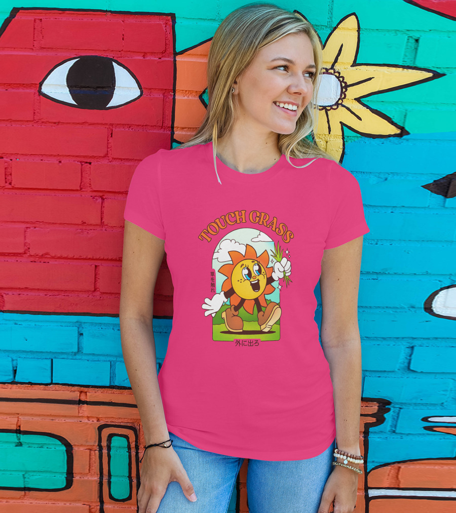 TOUCH GRASS Hellvetika Sunflower Character Boots Japan Text T-Shirt