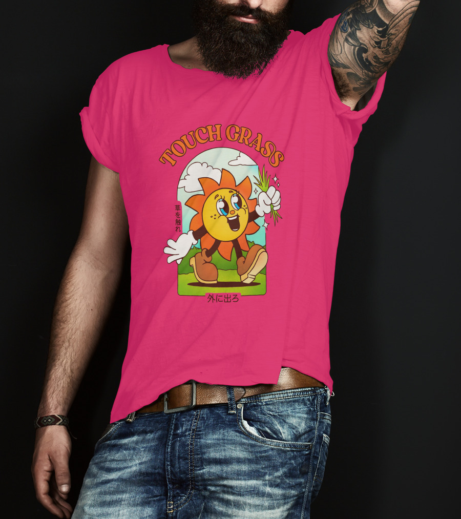 TOUCH GRASS Hellvetika Sunflower Character Boots Japan Text T-Shirt
