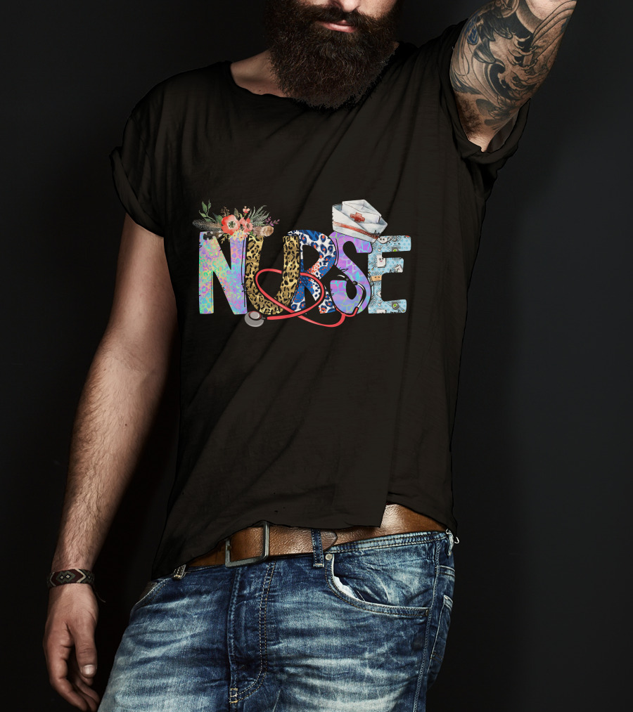 Nurse Colorful Floral Animal Print Stethoscope Hat T-Shirt