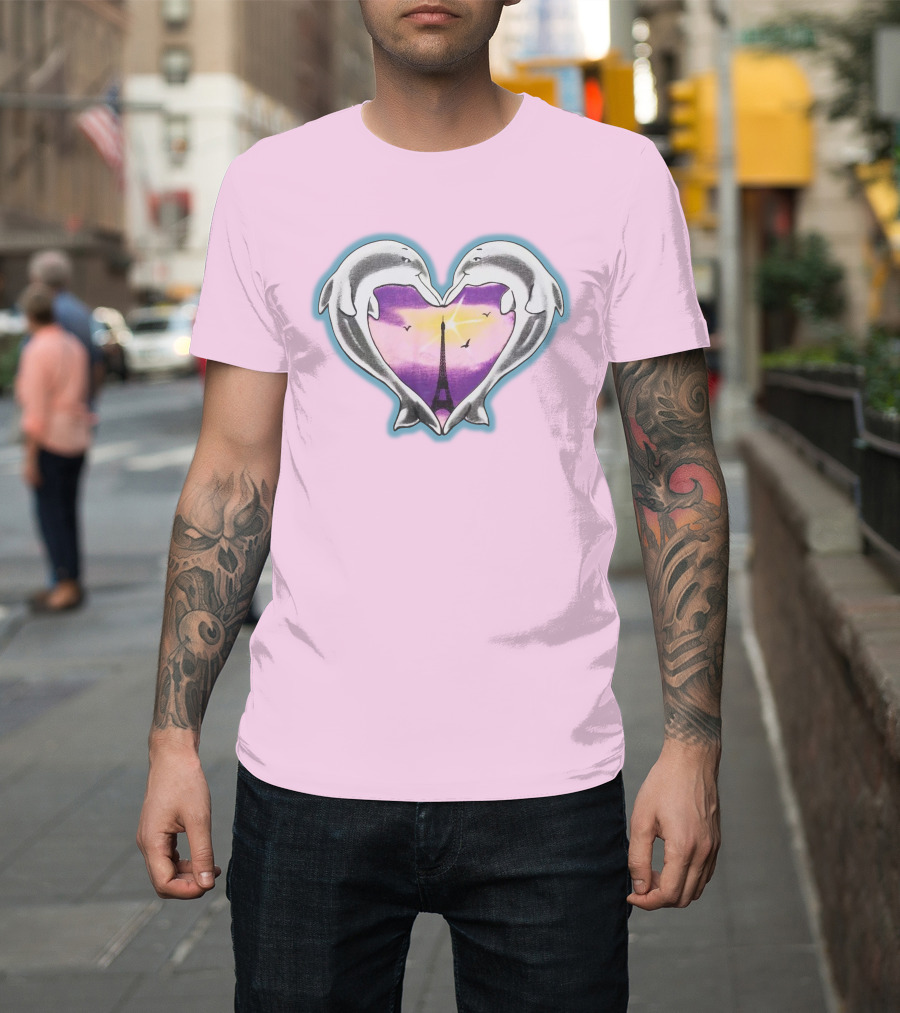 Dolphins Heart Eiffel Tower Sunset Paris Pink Background T-Shirt