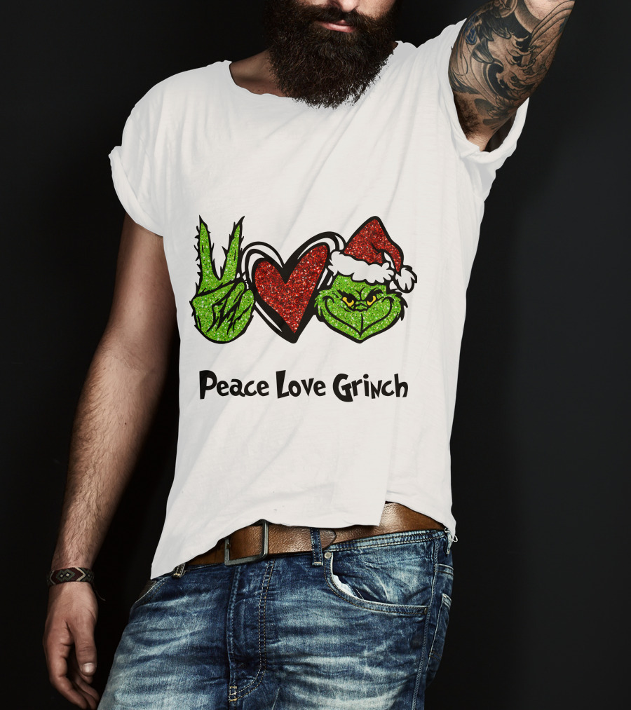 Peace Love Grinch Glitter Christmas Santa Hat T-Shirt
