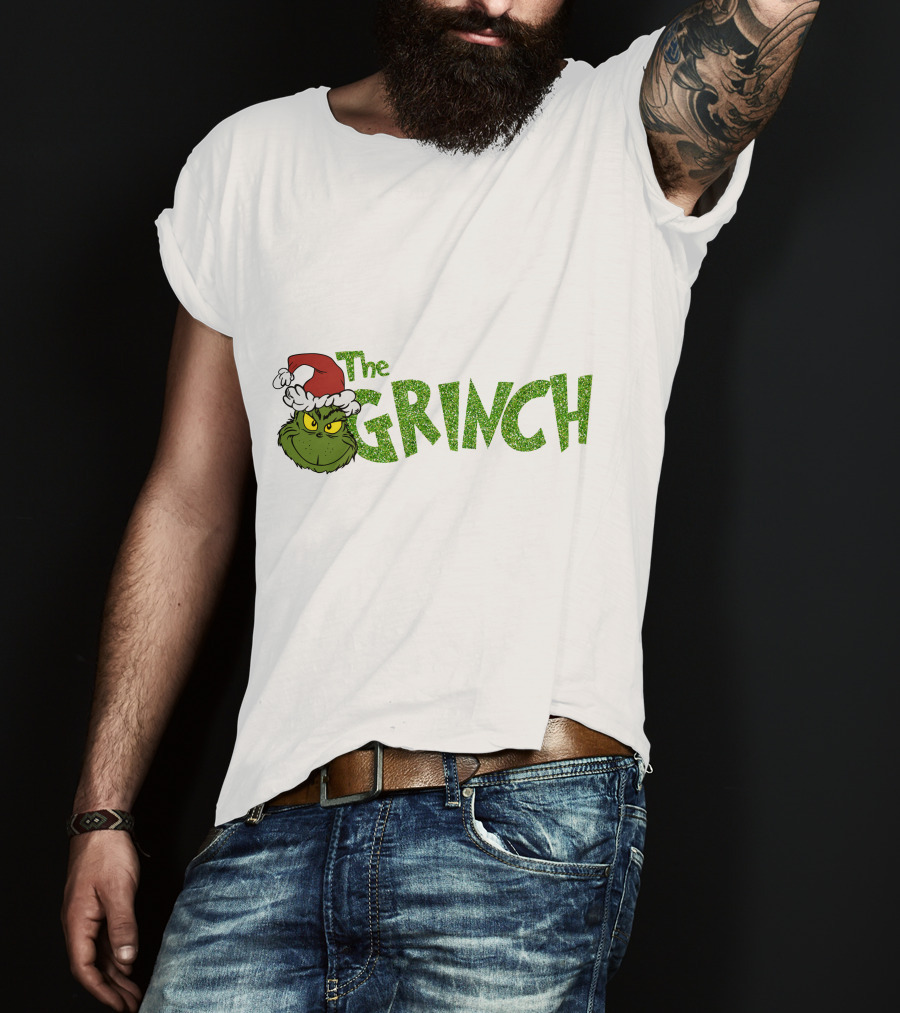The Grinch Santa Hat Christmas Green Glittery Text T-Shirt