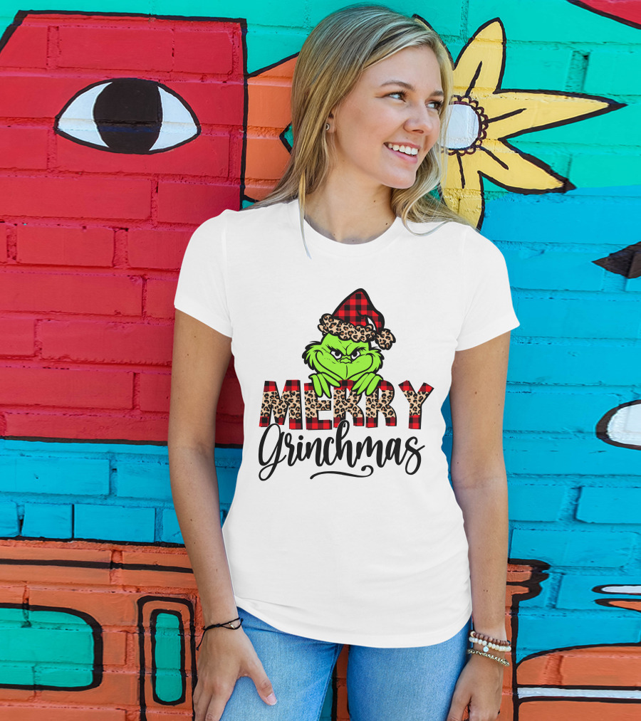 Merry Grinchmas Red Plaid And Leopard Print Christmas Grinch T-Shirt