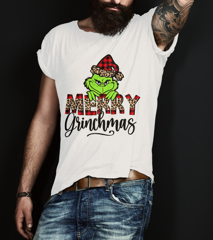 Merry Grinchmas Red Plaid And Leopard Print Christmas Grinch T-Shirt