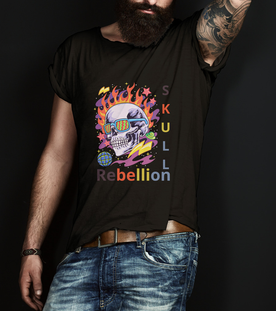 Rebellion Skull With Fiery Sunglasses And Cosmic Elements T-Shirt