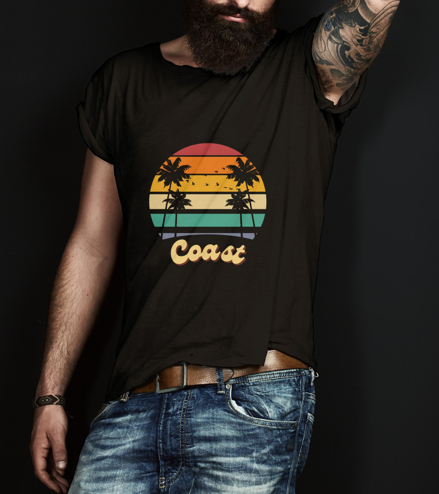 Coast Vintage Sunset Palm Trees Birds T-Shirt