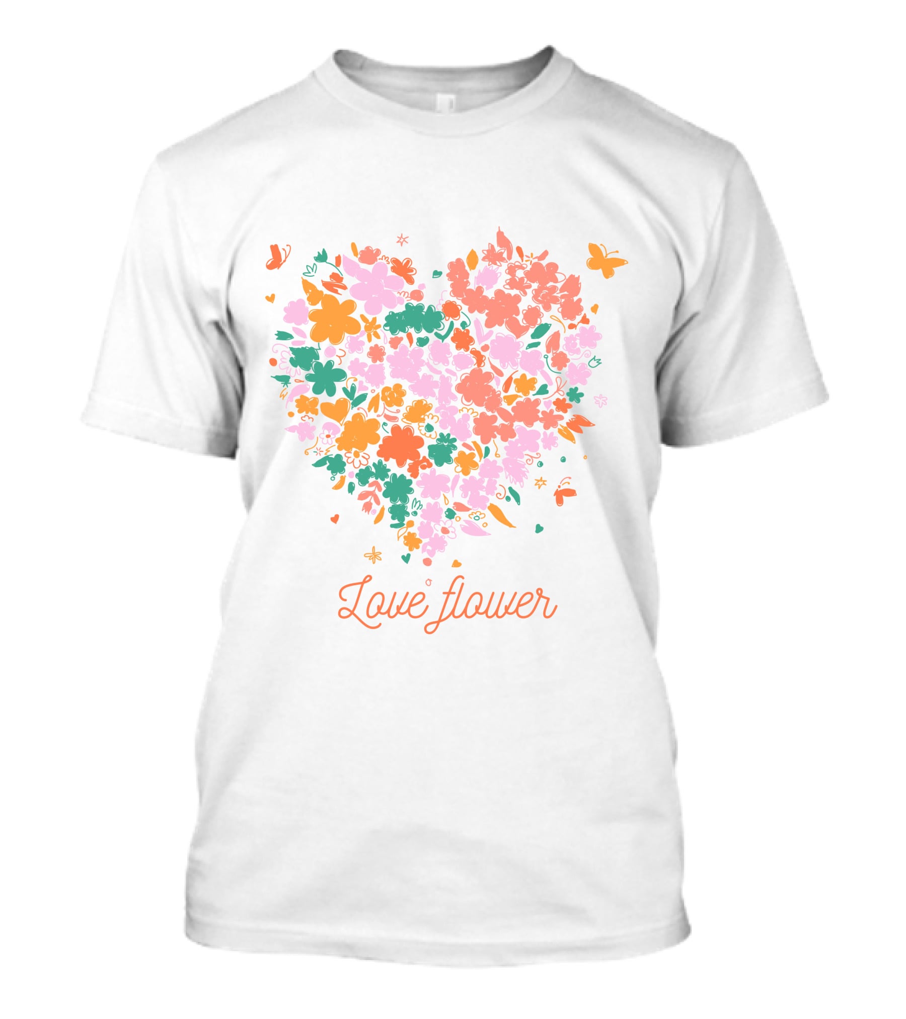 Love Flower Heart With Colorful Floral Pattern And Butterflies T-Shirt