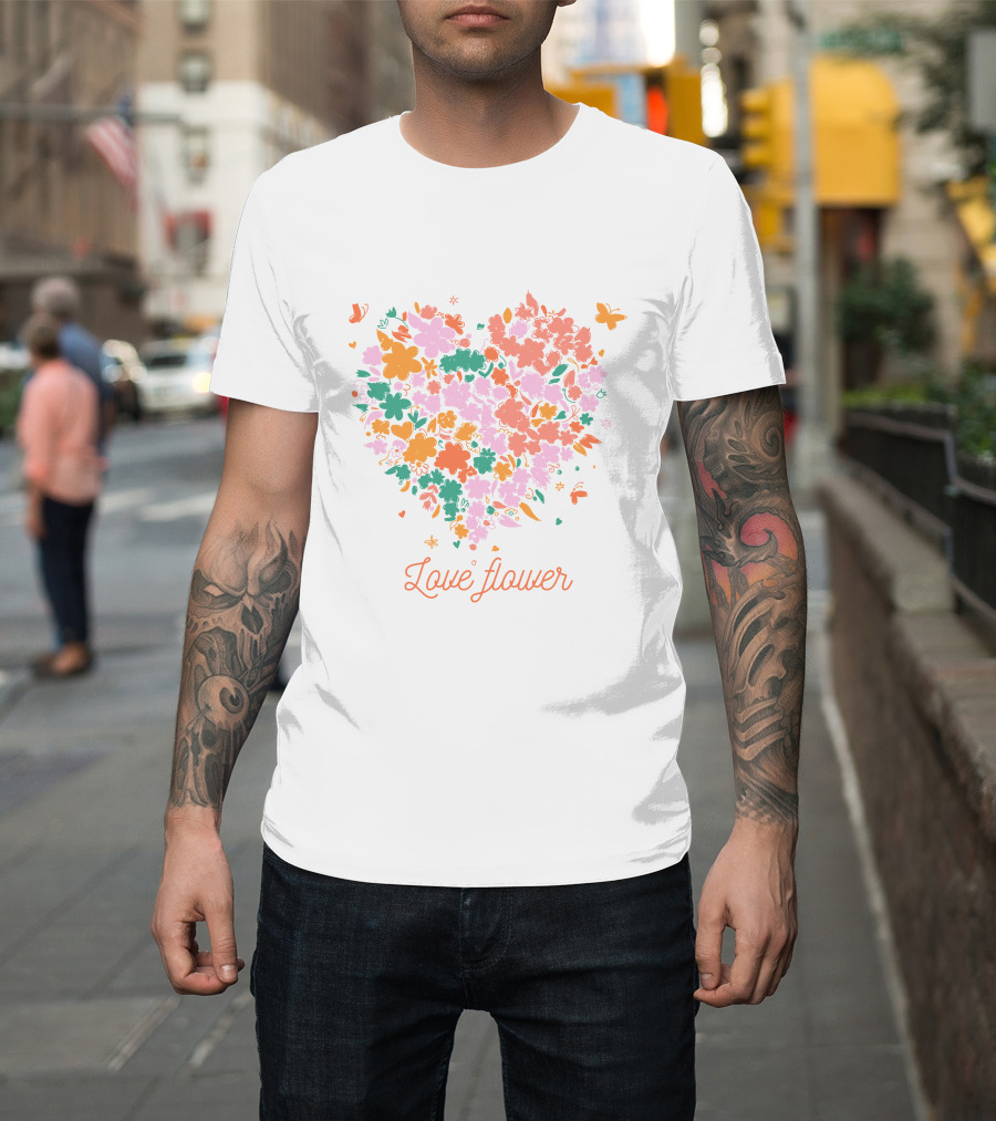 Love Flower Heart With Colorful Floral Pattern And Butterflies T-Shirt