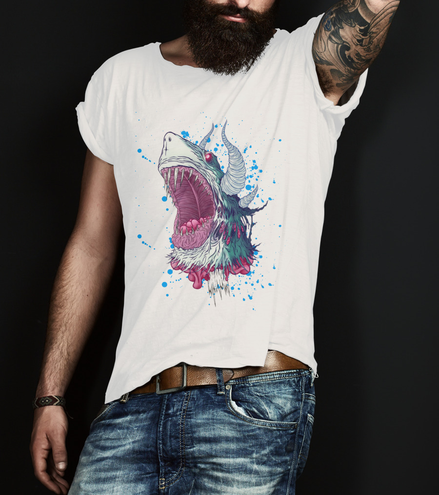 Monster Shark Scream With Horns And Splatter T-Shirt