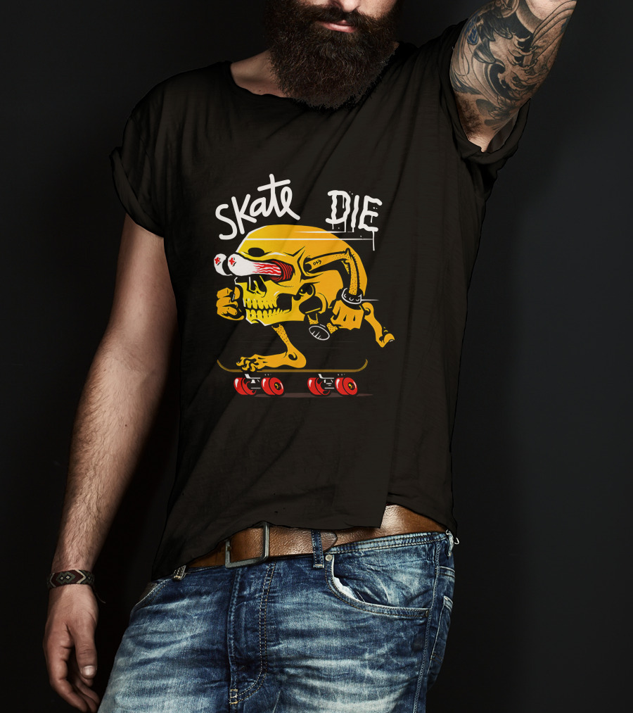 Skate Or Die Thrill-Seeking Skull On Skateboard T-Shirt