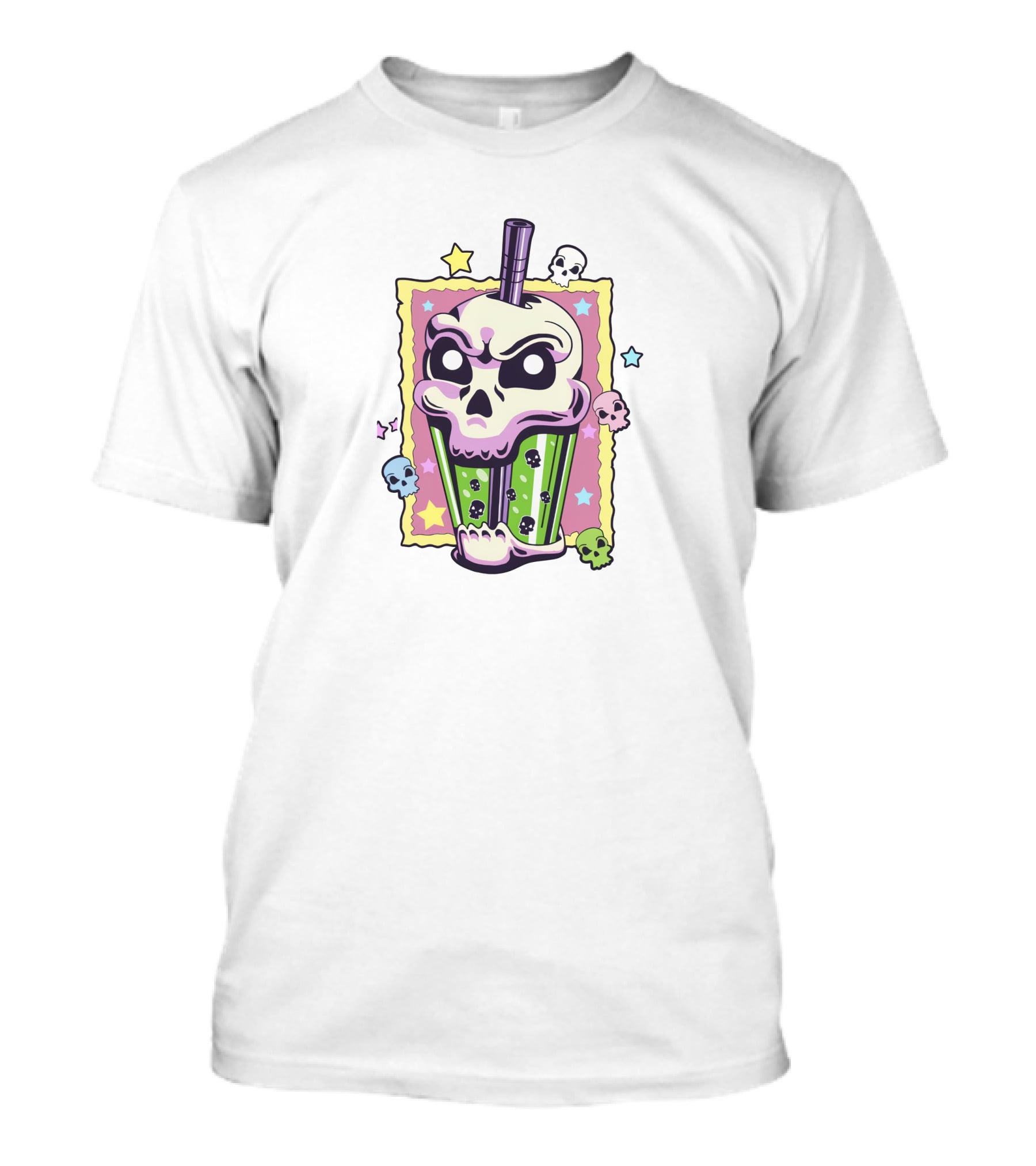 Kawaii Creepy Skull Boba Bubble Stars Pastel Skulls T-Shirt