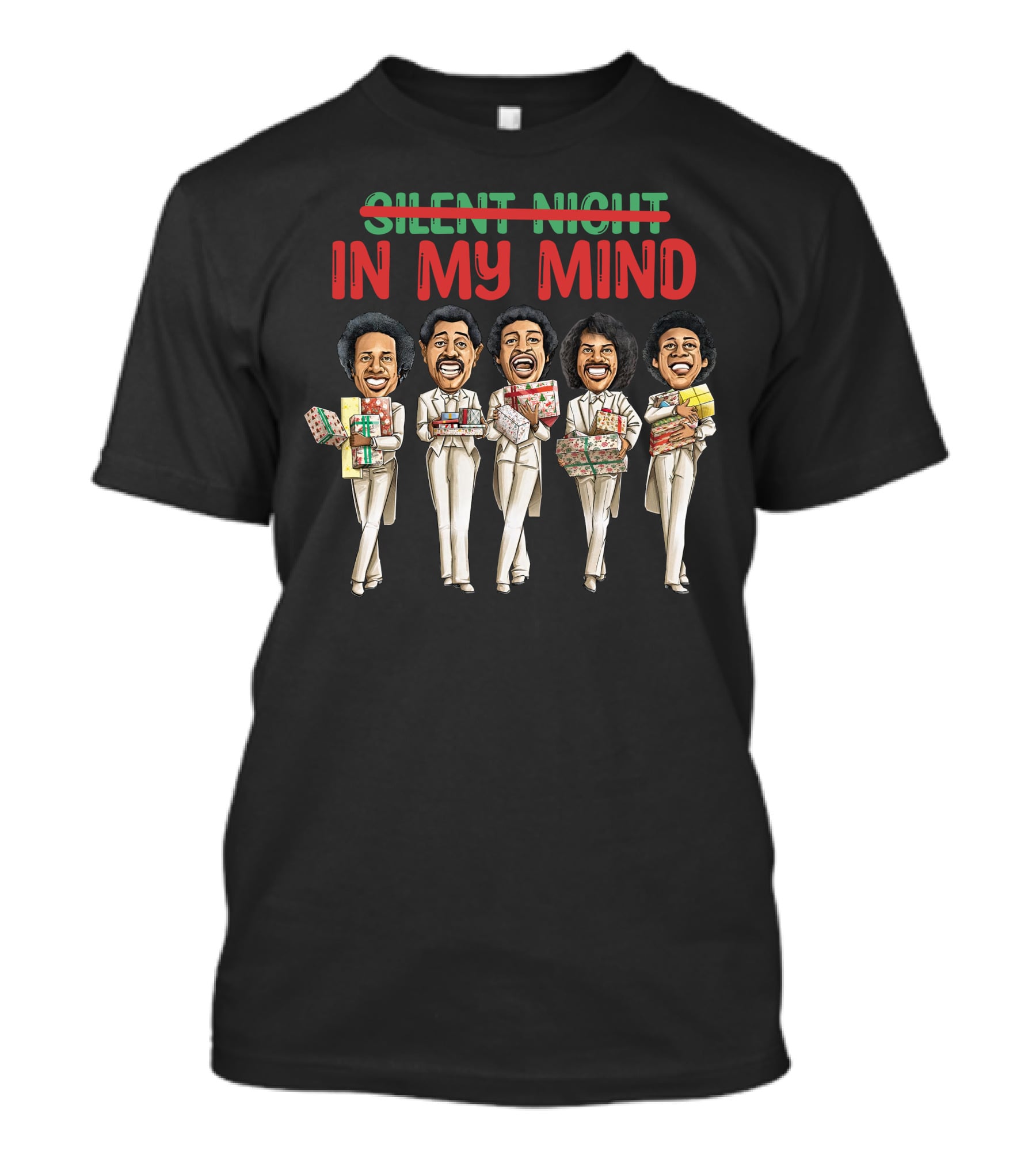 Silent Night Crossed Out In My Mind Christmas Four Singing Figures Holding Gifts T-Shirt