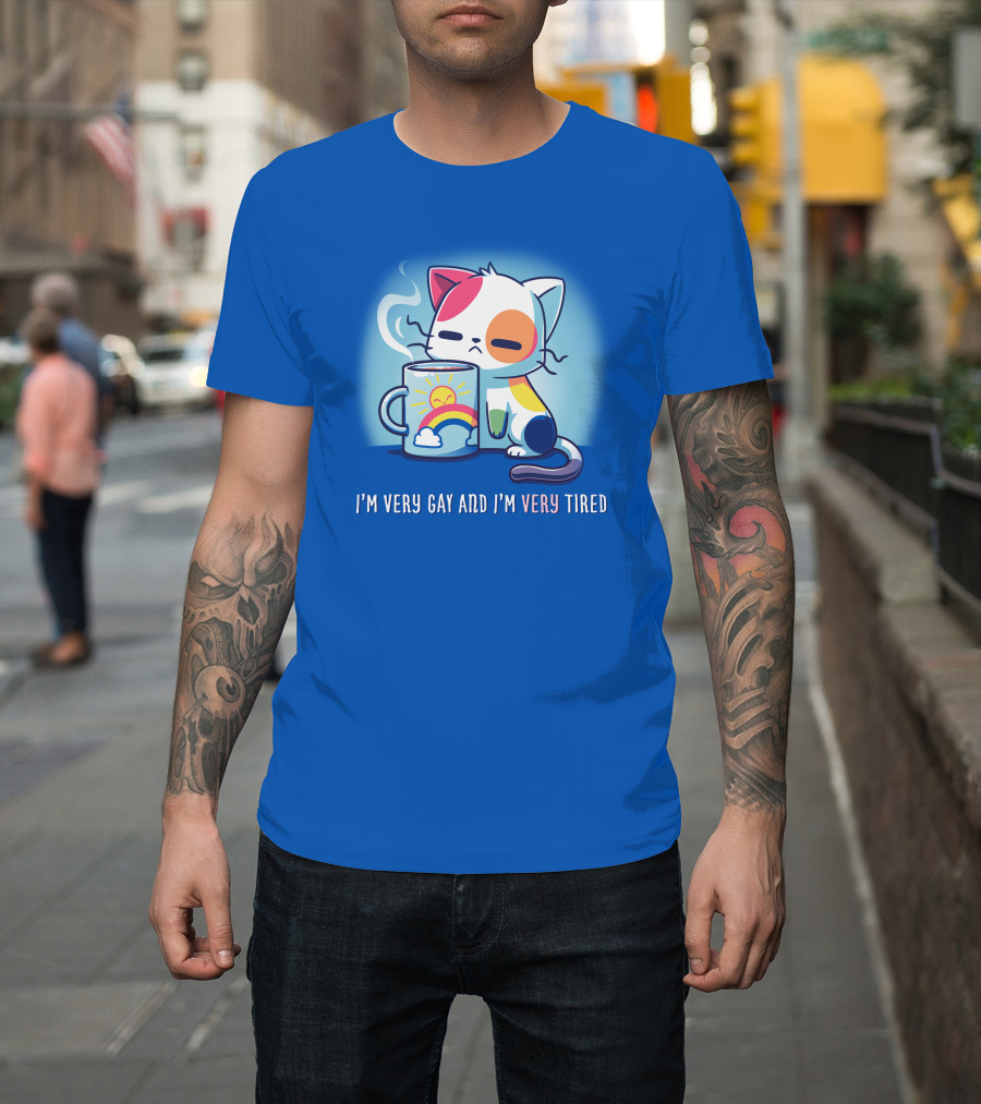 I'm Very Gay And I'm Very Tired Cat with Coffee and Rainbow Sun Cup T-Shirt