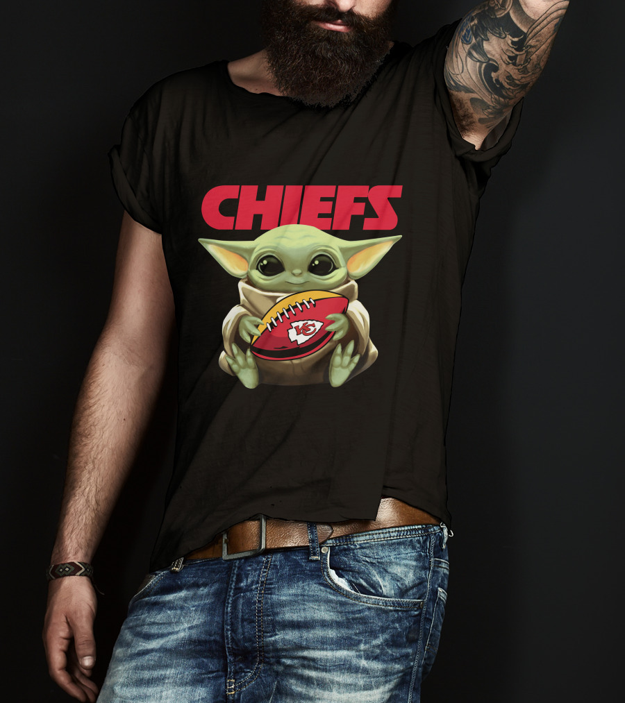 CHIEFS Baby Yoda Holding KC Chiefs Football T-Shirt