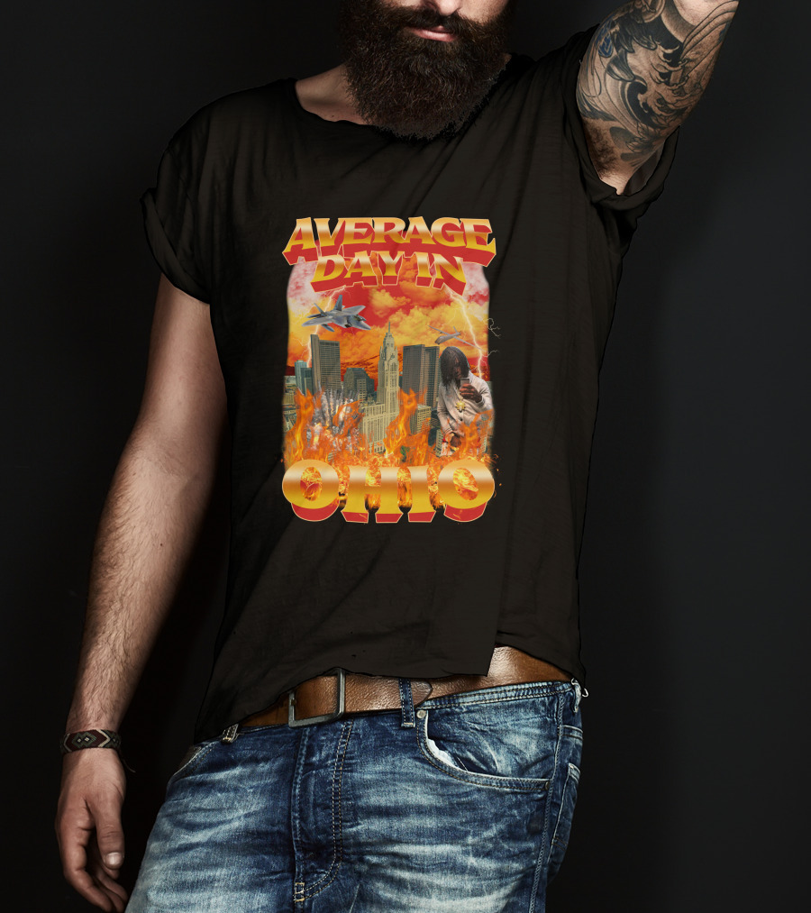 Average Day In Ohio Flaming Cityscape Fighter Jets Chaos T-Shirt