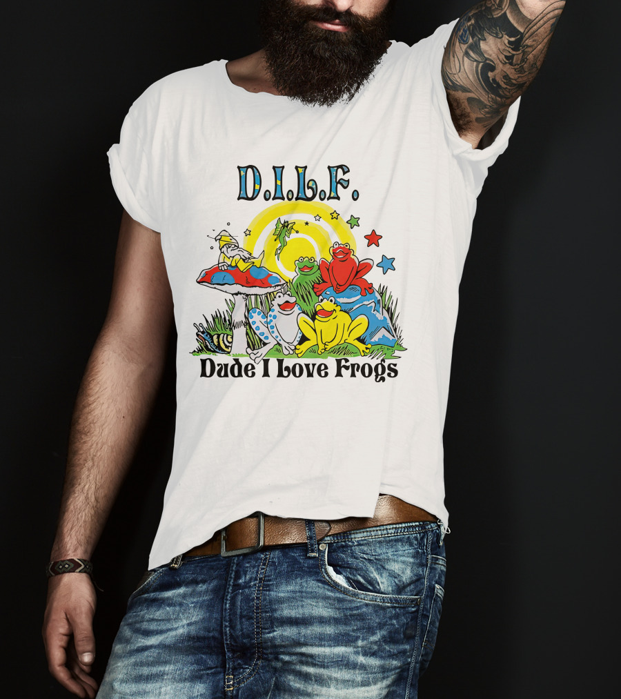 D.I.L.F. Dude I Love Frogs Colorful Frog Scene With Stars And Mushrooms T-Shirt