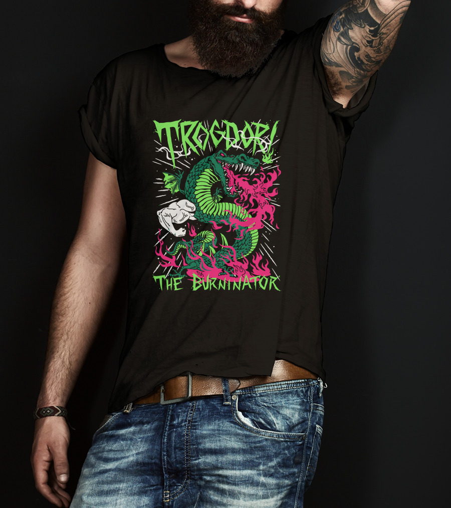 Trogdor The Burninator Green Dragon With Fire And Muscular Arm T-Shirt