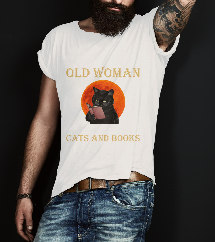 Old Woman Cats And Books Black Cat Reading Orange Moon T-Shirt