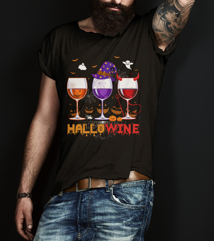 Haloween Hallowine Witch Hat Devil Horns Jack-O'-Lanterns Wine Glasses T-Shirt